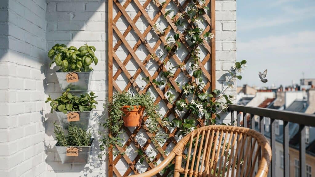 Vertical planting on a fence in a small garden with wall planters and herbs.