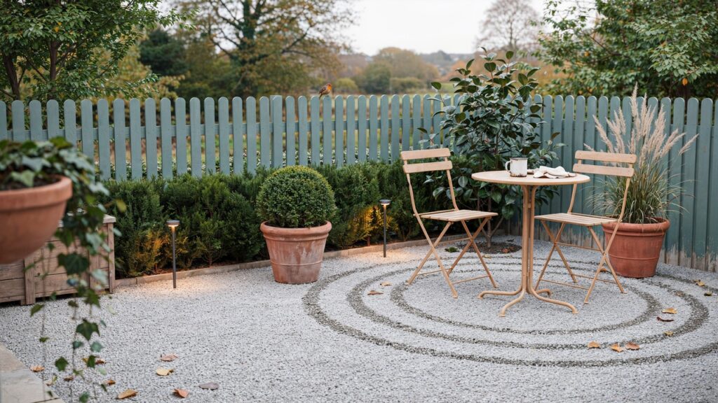 Small concrete garden made nicer with seating, planters, outdoor rug and warm lighting