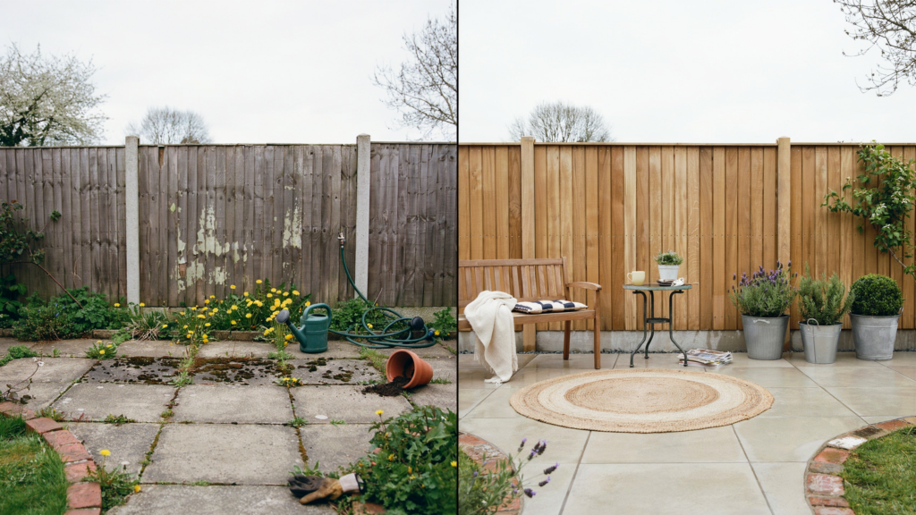 Small concrete garden made nicer with seating, planters, outdoor rug and warm lighting