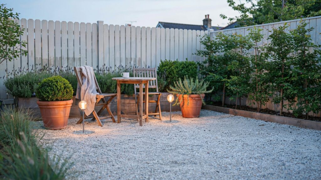 Low maintenance gravel seating area in a small UK garden with planters and bench.