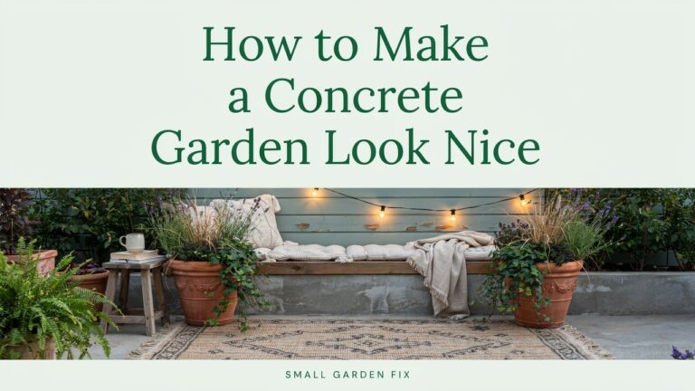 Small concrete garden made nicer with seating, planters, outdoor rug and warm lighting