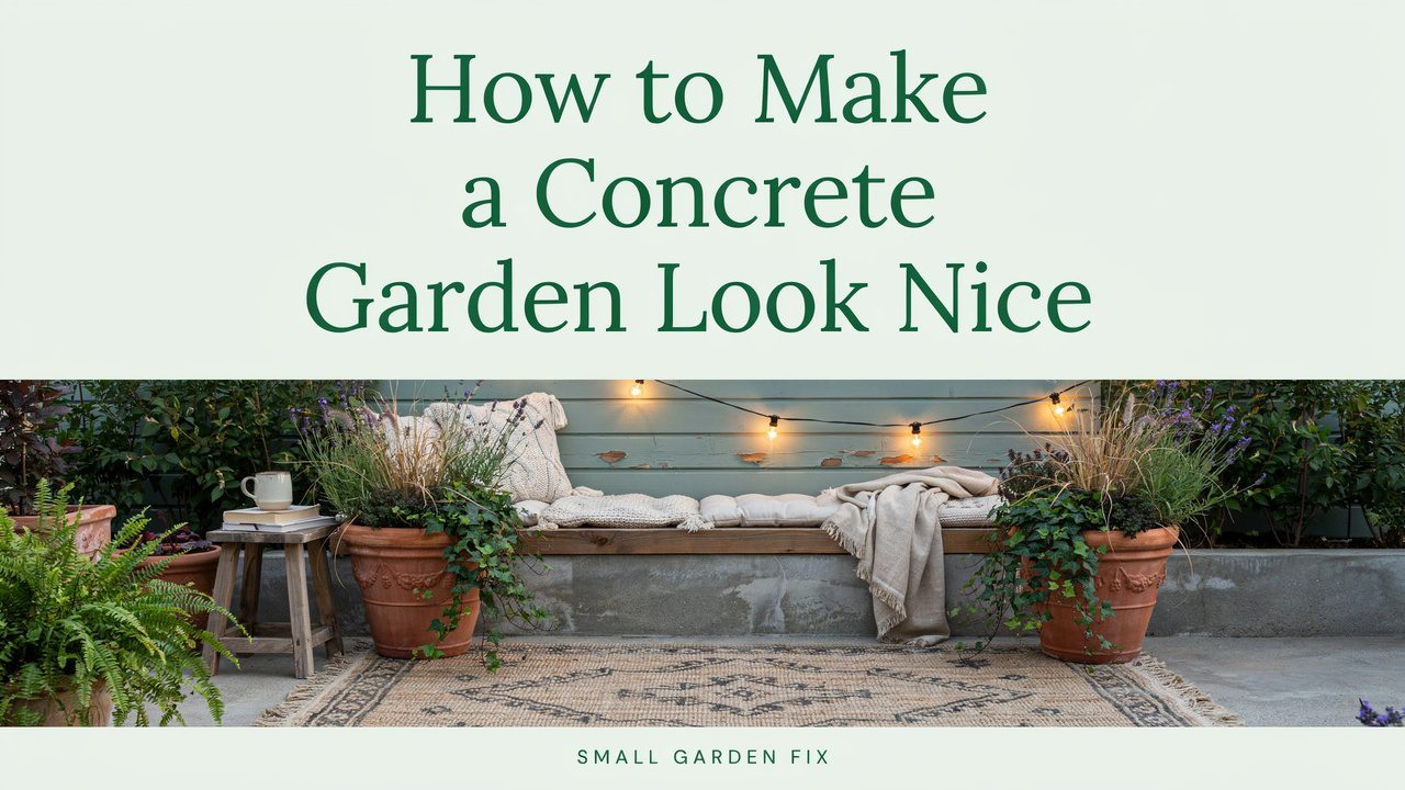 Small concrete garden made nicer with seating, planters, outdoor rug and warm lighting