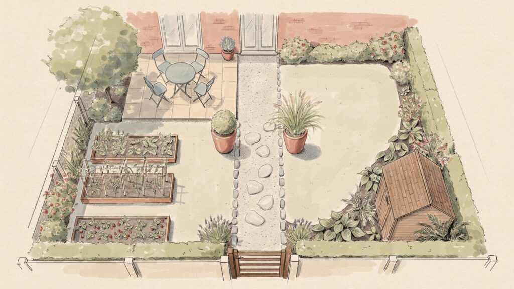Simple low maintenance small garden layout with seating, gravel, raised beds and storage.