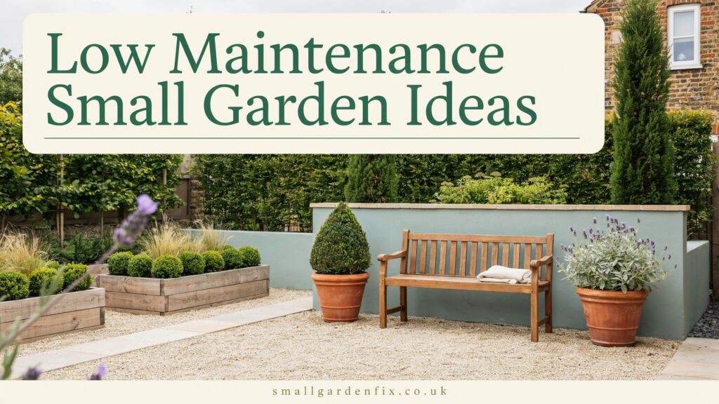 Pinterest graphic for low maintenance small garden ideas for UK homes.