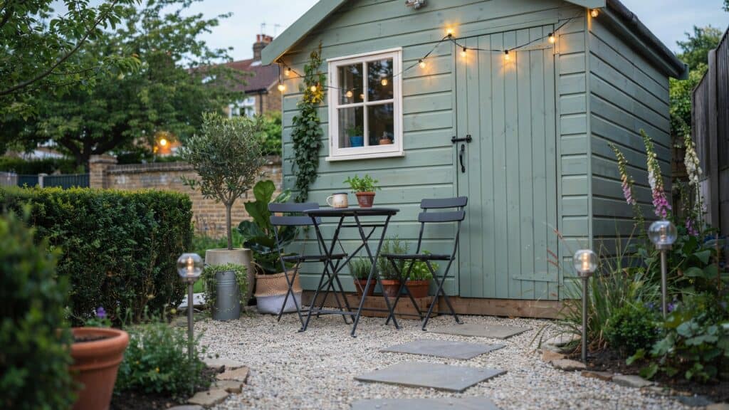Small garden seating area near a painted shed with pots and warm lighting.