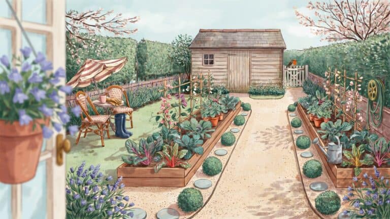 Small UK garden layout with a shed at the bottom, seating area, path and raised beds.