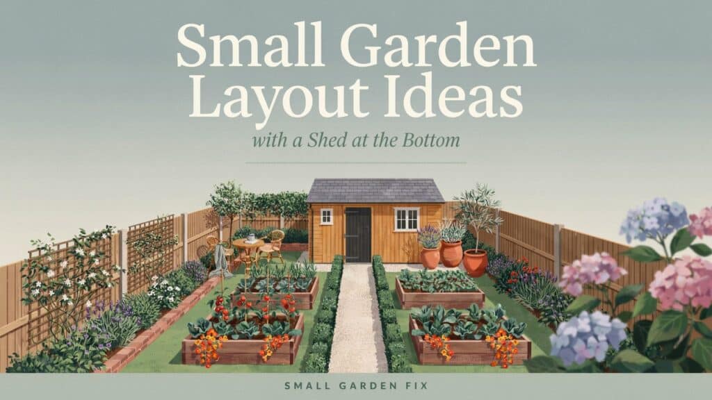 Pinterest graphic for small garden layout ideas with a shed at the bottom.