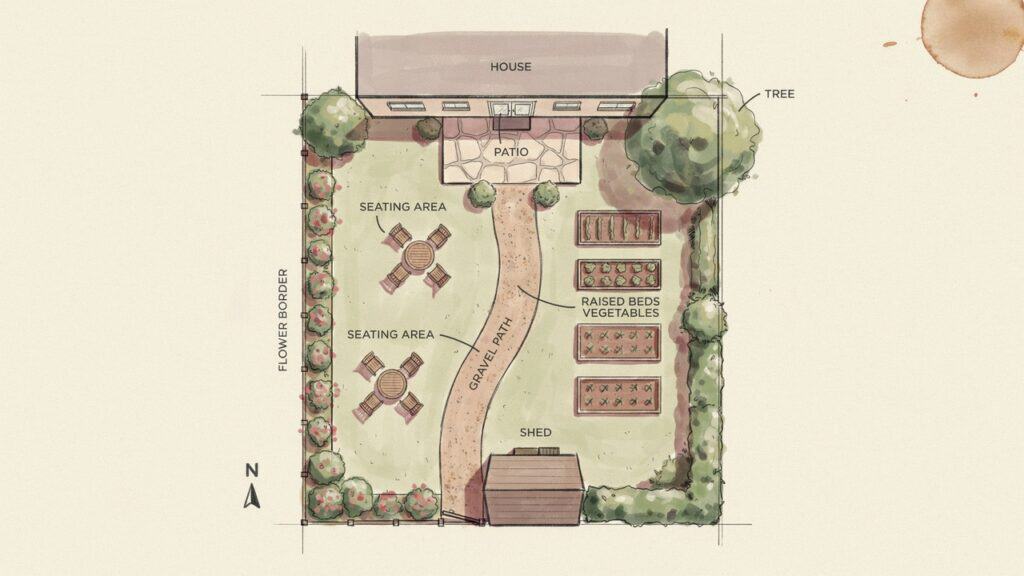 Simple small garden layout sketch showing shed, path, seating area and raised beds.