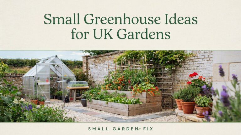 Small greenhouse in a UK garden with raised beds, pots, path and painted fence.